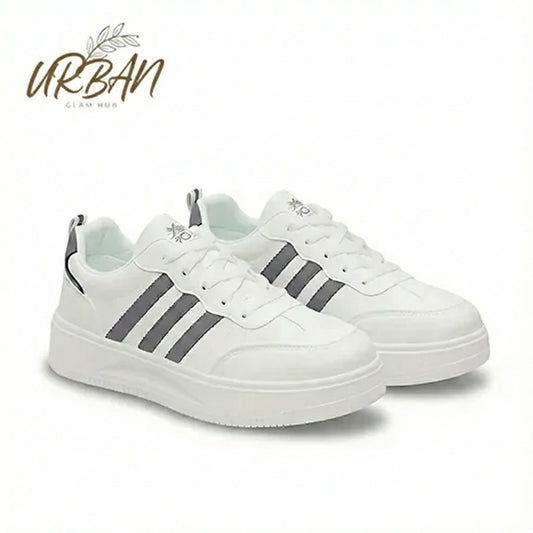 White Casual Sneakers with Grey Stripes – Lightweight & Comfortable