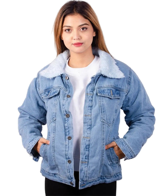 Blue Denim Jacket – Cozy Fleece-Lined Jacket for Ladies - Urban Glam Hub
