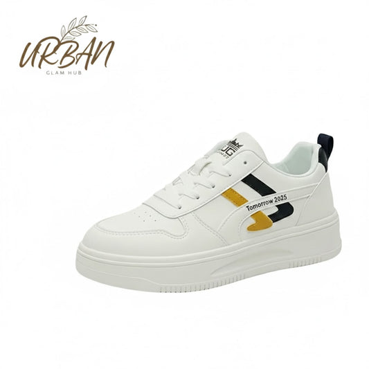 Stylish White Chunky Platform Sneakers with Yellow & Black Stripes | Durable & Comfortable