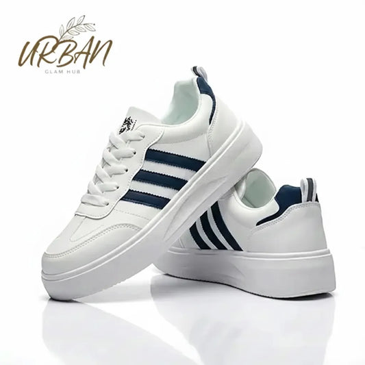 White Casual Sneakers with Neavy Blue Stripes – Lightweight & Comfortable