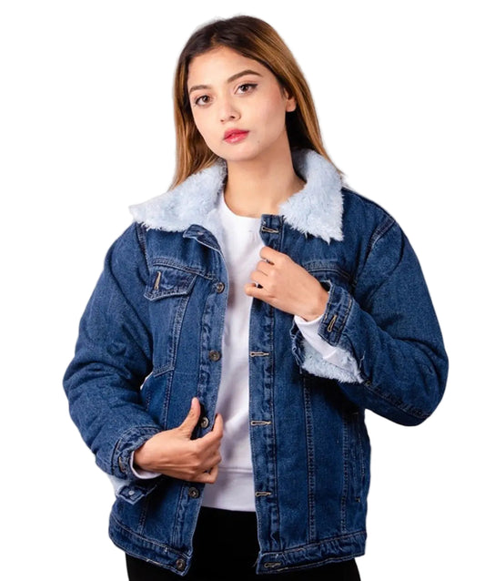 Blue Denim Jacket – Cozy Fleece-Lined Jacket for Ladies - Urban Glam Hub