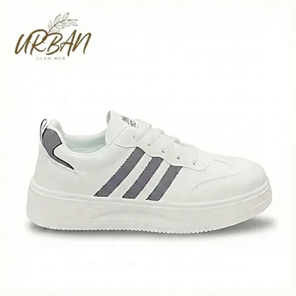 White Casual Sneakers with Grey Stripes – Lightweight & Comfortable
