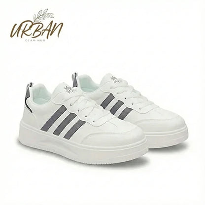 White Casual Sneakers with Grey Stripes – Lightweight & Comfortable