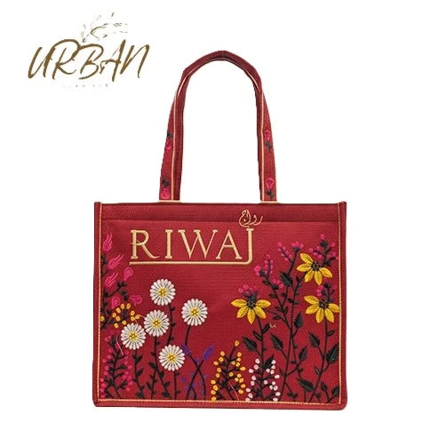 The Heritage Collection: Red "Riwaj" & "Sookhri" Embroidered Jute-Style Tote Bags