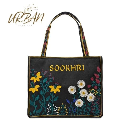 The Heritage Collection: Black "Riwaj" & "Sookhri" Embroidered Jute-Style Tote Bags