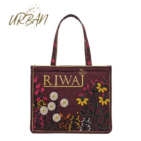The Heritage Collection: Maroon "Riwaj" & "Sookhri" Embroidered Jute-Style Tote Bags