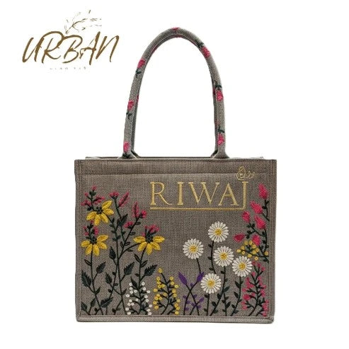 The Heritage Collection: Greyish-Brown "Riwaj" & "Sookhri" Embroidered Jute-Style Tote Bags