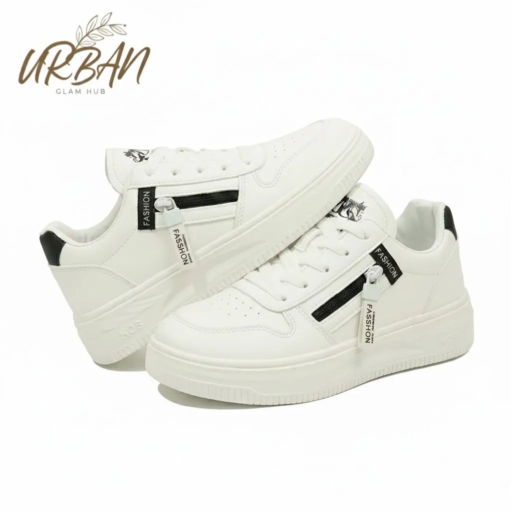 Fashion-Forward White Lace-Up Sneaker with Side Zip