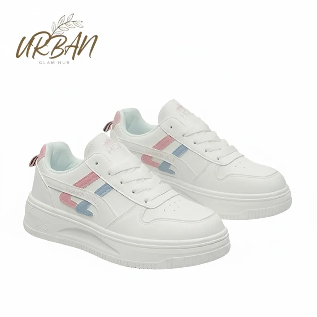 Stylish White Chunky Platform Sneakers with Pink & Blue Stripes | Durable & Comfortable