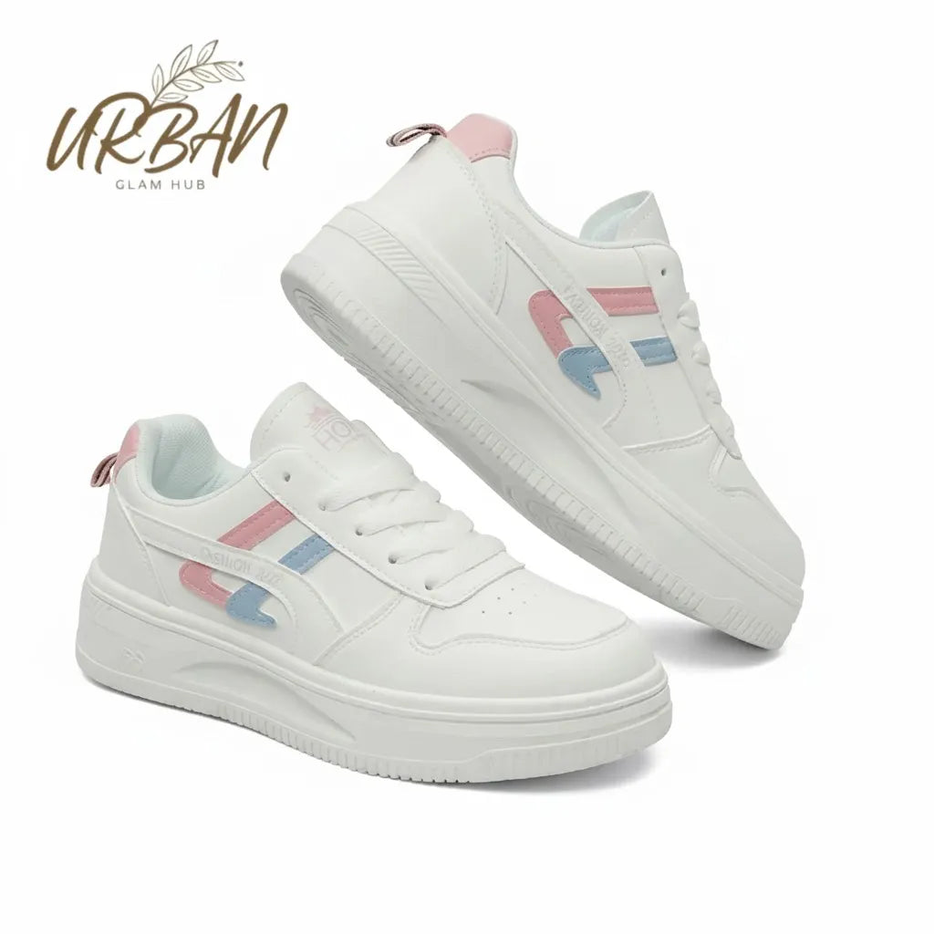 Stylish White Chunky Platform Sneakers with Pink & Blue Stripes | Durable & Comfortable