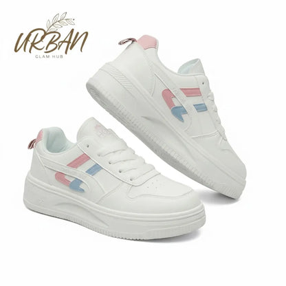 Stylish White Chunky Platform Sneakers with Pink & Blue Stripes | Durable & Comfortable