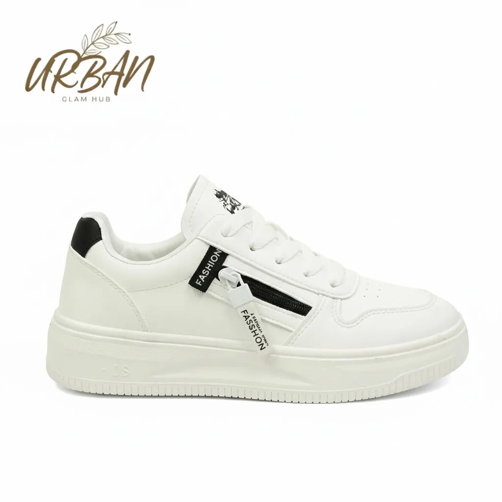 Fashion-Forward White Lace-Up Sneaker with Side Zip