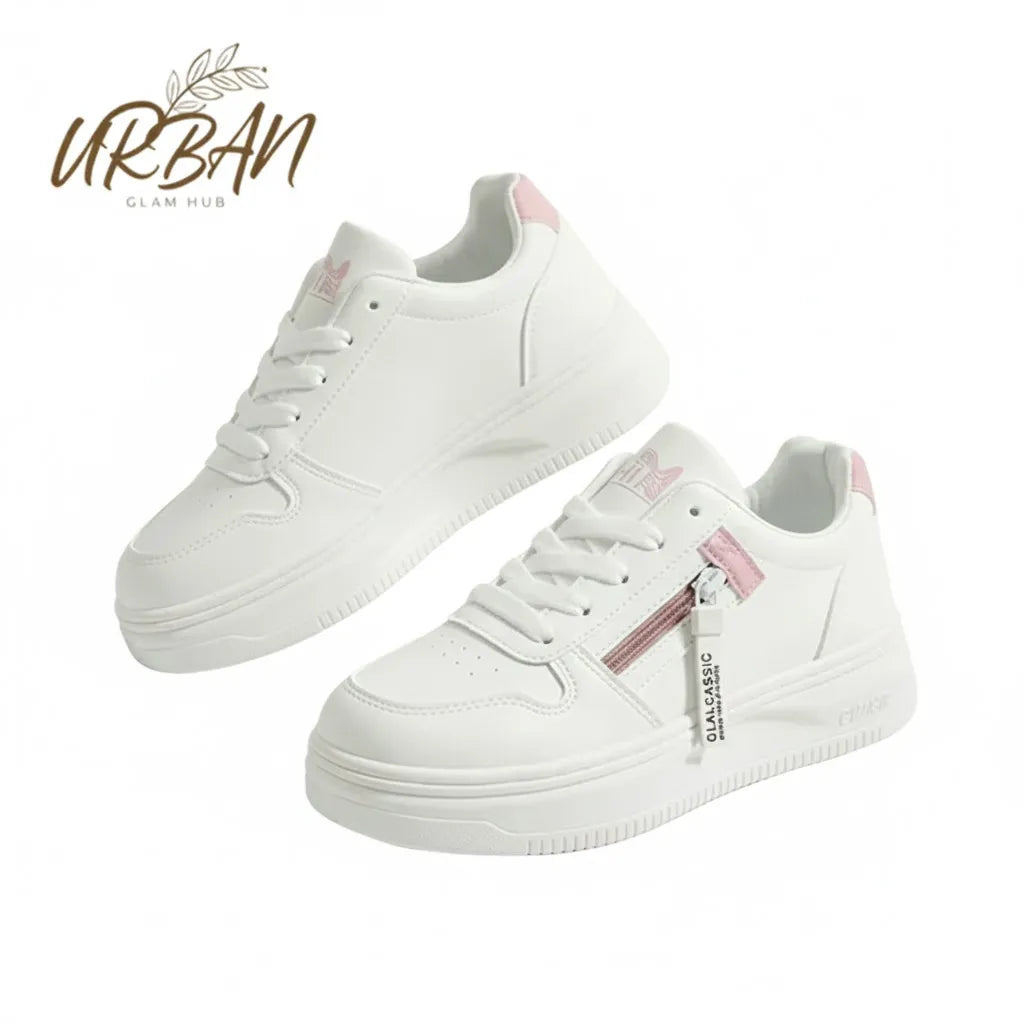 Fashion-Forward White Lace-Up Sneaker with Side Zip