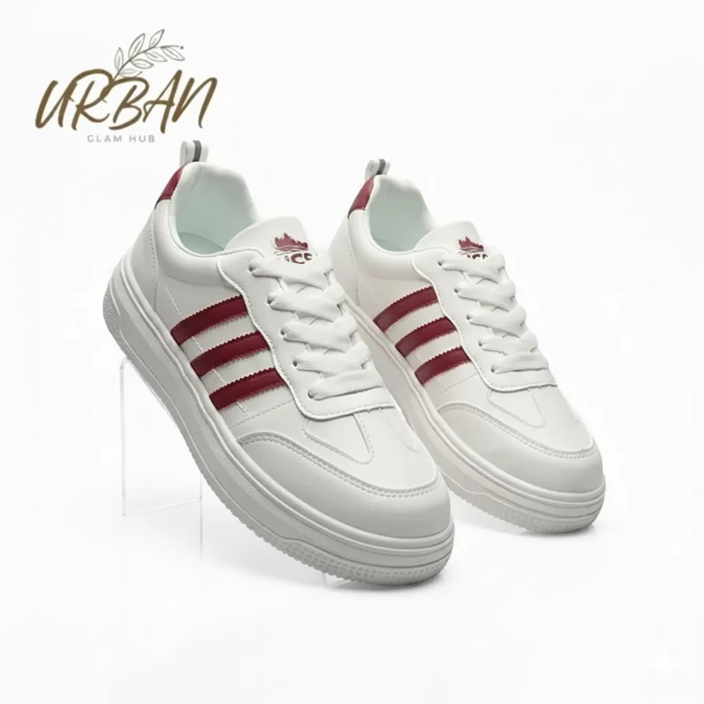 White Casual Sneakers with Red Stripes – Lightweight & Comfortable